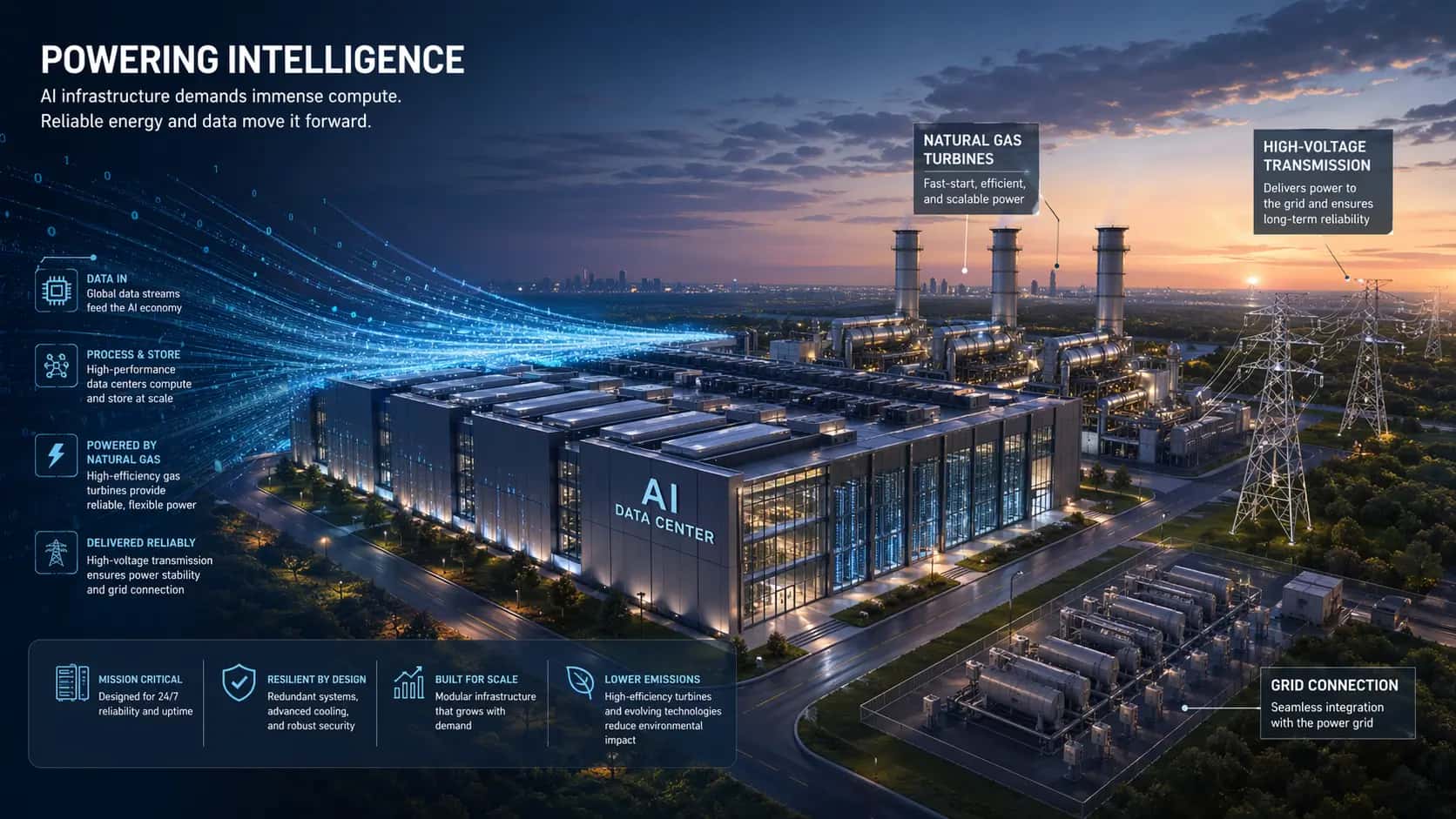 GE Vernova AI power supply risk shown as data centers connected to turbines and power lines