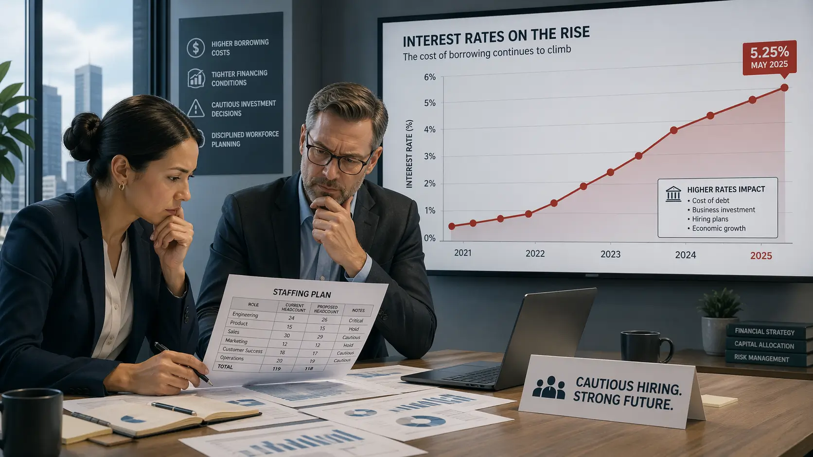 Business team reviewing how interest rates affect hiring decisions on a financial dashboard