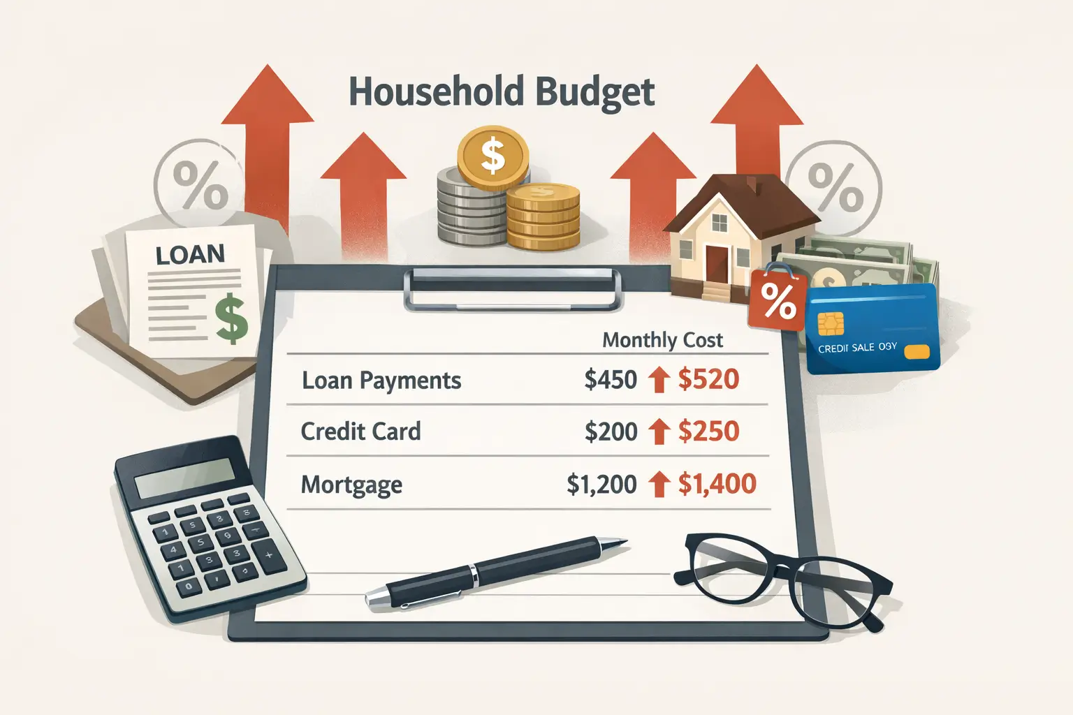 Household budget worksheet showing credit card, auto loan, and mortgage costs under high interest rates