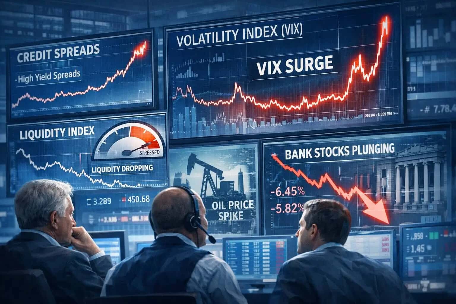 Smart money market crash indicators dashboard showing credit spreads, VIX levels, and private credit redemption gates in 2026