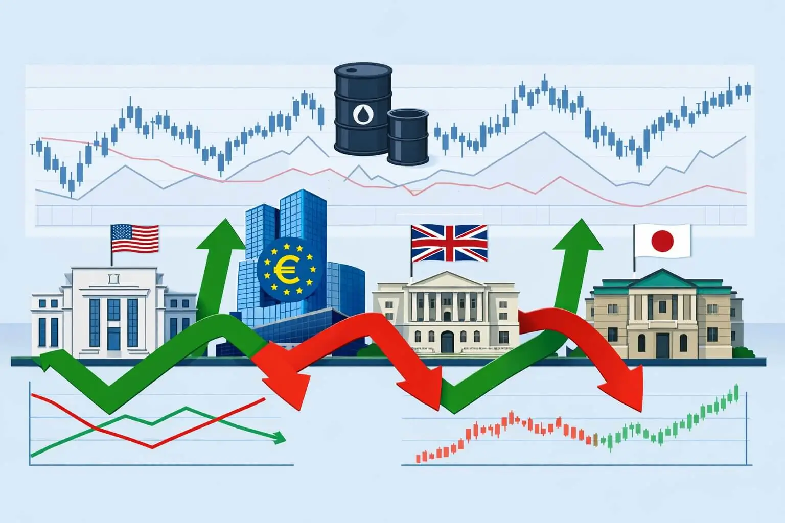 Global interest rates chart with central bank policy markers and bond yield lines