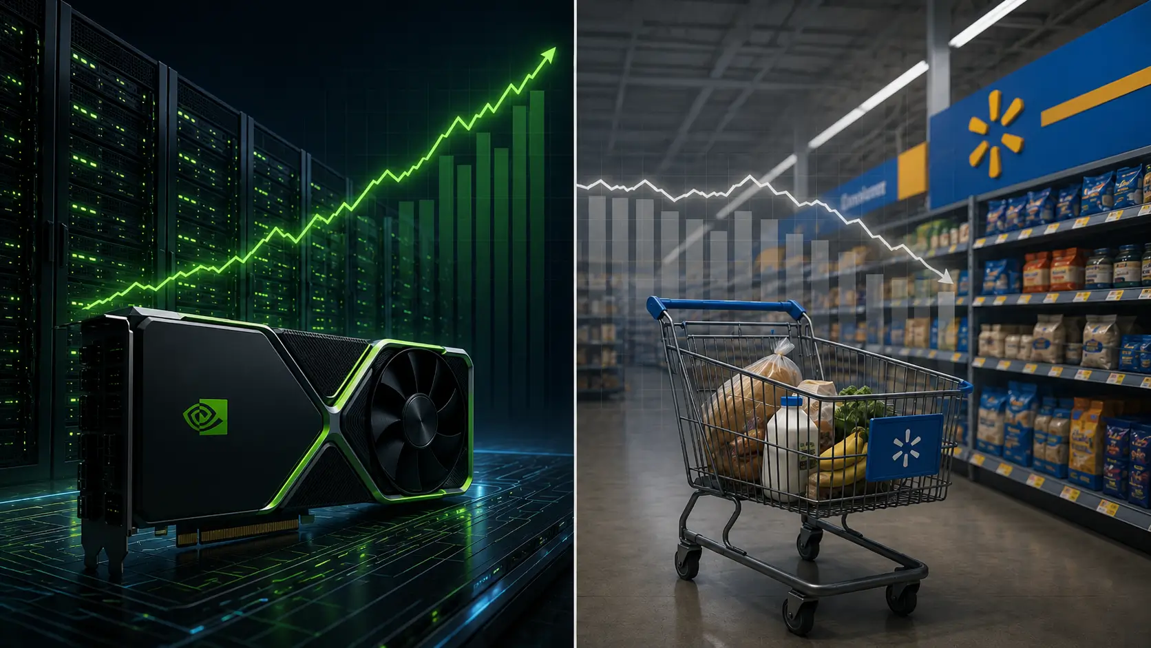 Nvidia earnings Q1 2027 chart contrasted with Walmart consumer spending data showing AI capex divergence