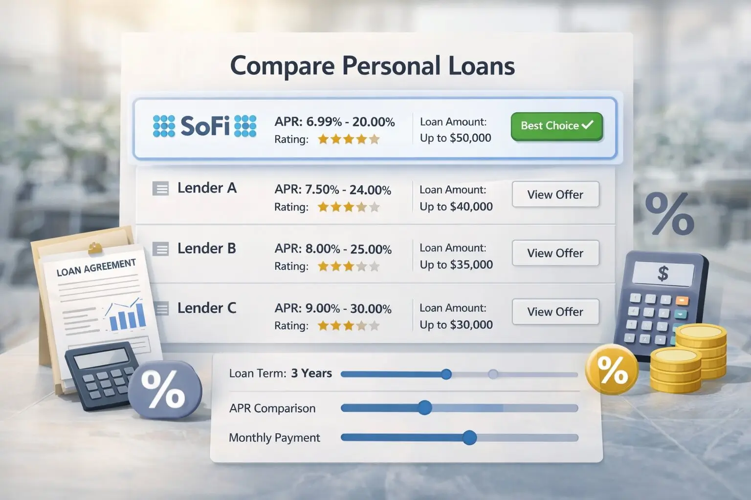 Best personal loans of 2026 — comparison chart of SoFi, LightStream, Upstart, and Discover APRs and loan limits.