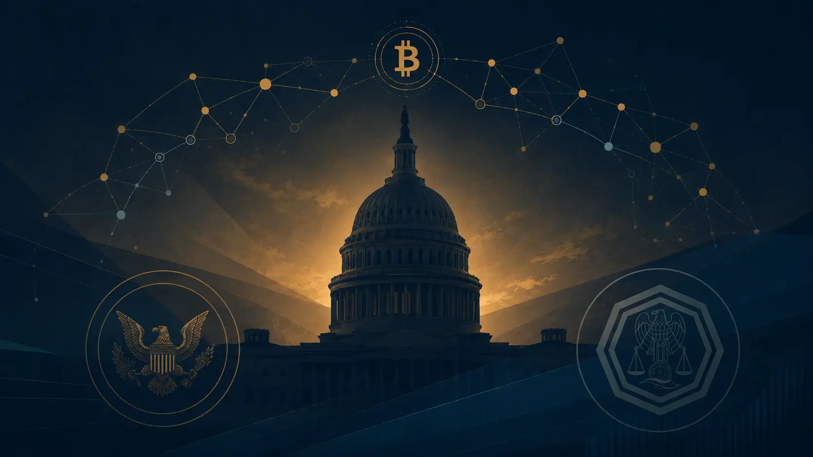 CLARITY Act crypto bill illustration showing U.S. Capitol with SEC and CFTC regulatory seals representing digital asset jurisdiction split.