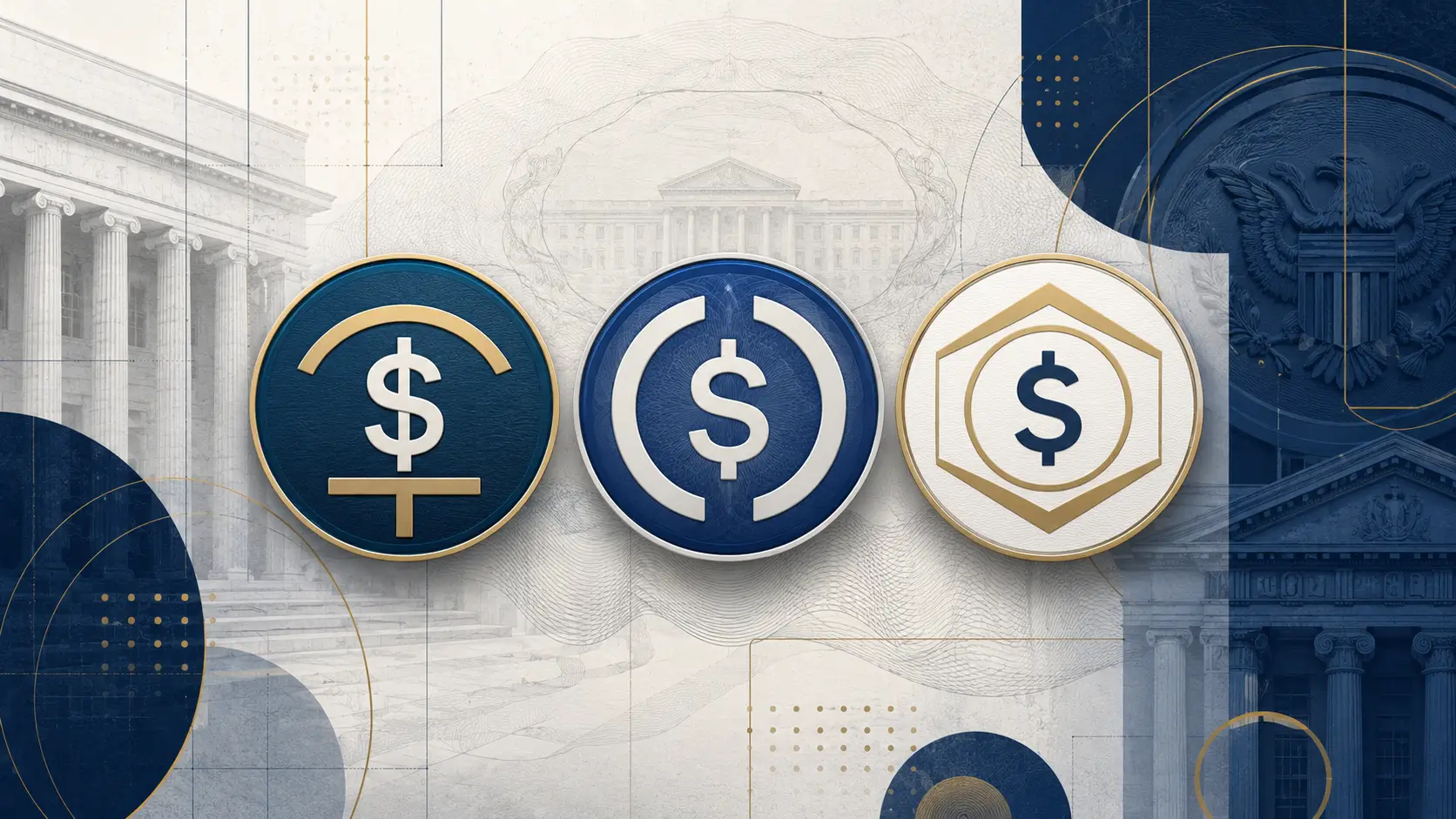 Editorial illustration of stablecoin regulation under the Clarity Act featuring USDT, USDC, and PYUSD