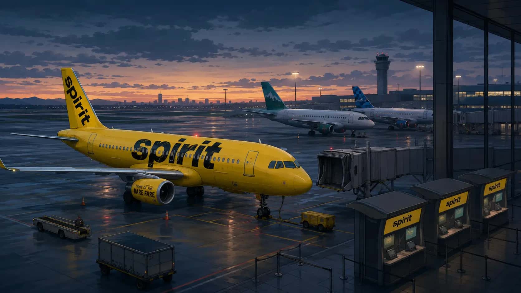 Grounded yellow Spirit Airlines Airbus jets at empty boarding gates after the May 2026 liquidation wave of airline bankruptcies.
