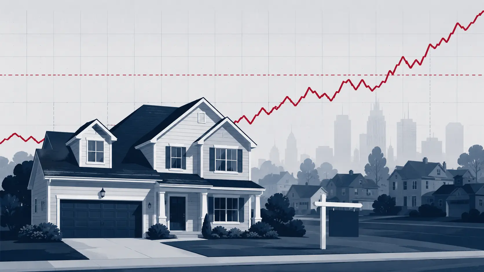 Editorial illustration of mortgage rates near 7% in 2026 with rising yield chart and house keys