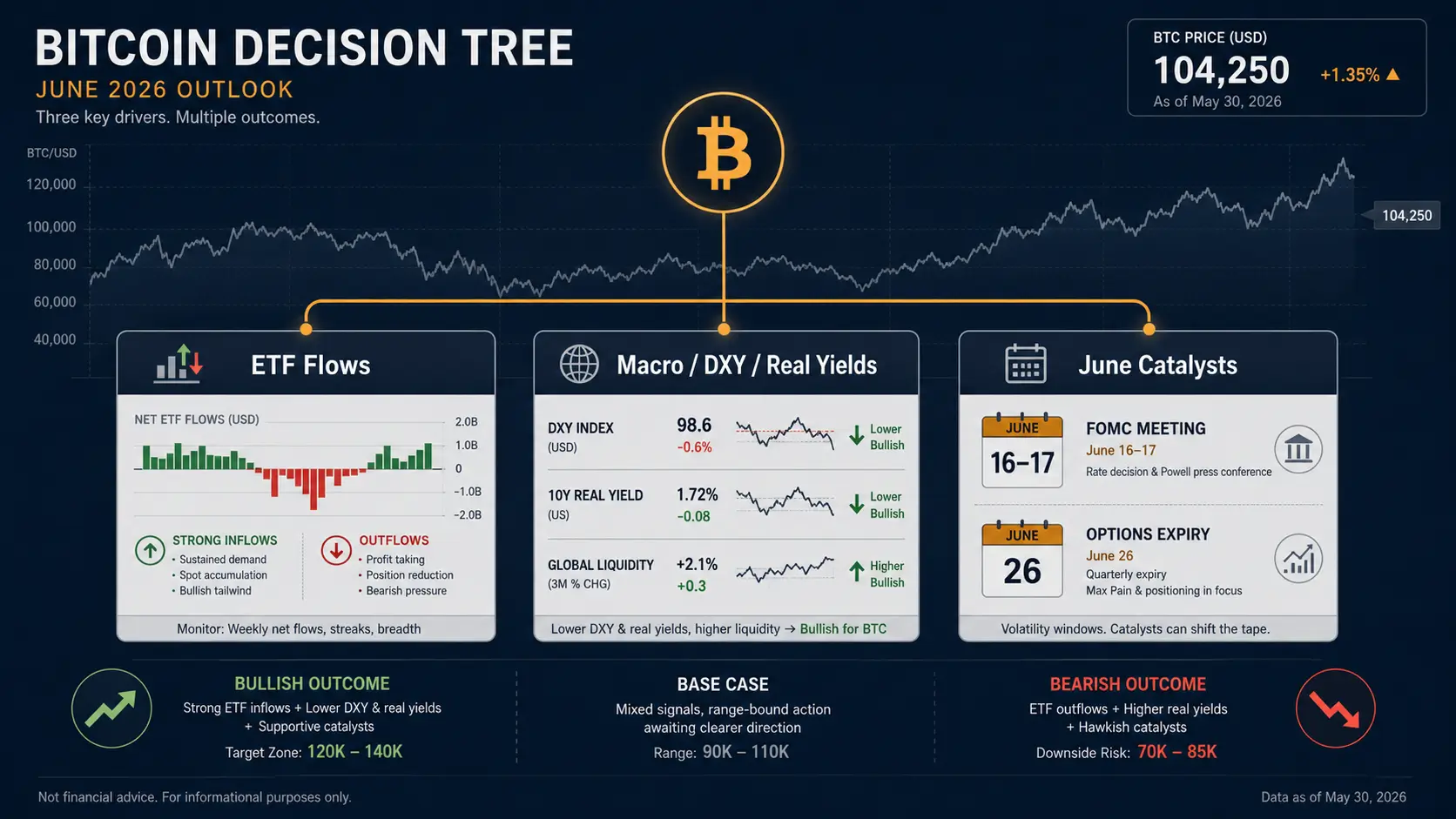 Bitcoin price outlook June 2026 chart with ETF flows, Fed dates and macro indicators