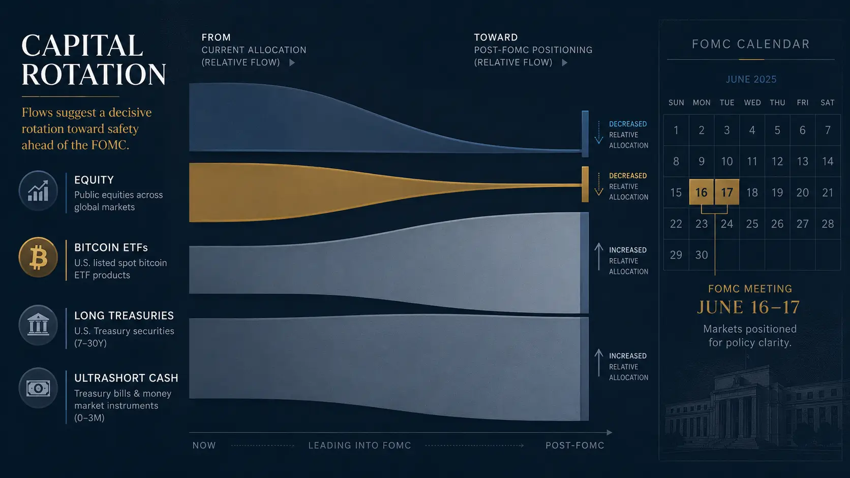 Editorial illustration of ETF flows May 2026 showing capital rotating between equity, treasury, and bitcoin ETFs.