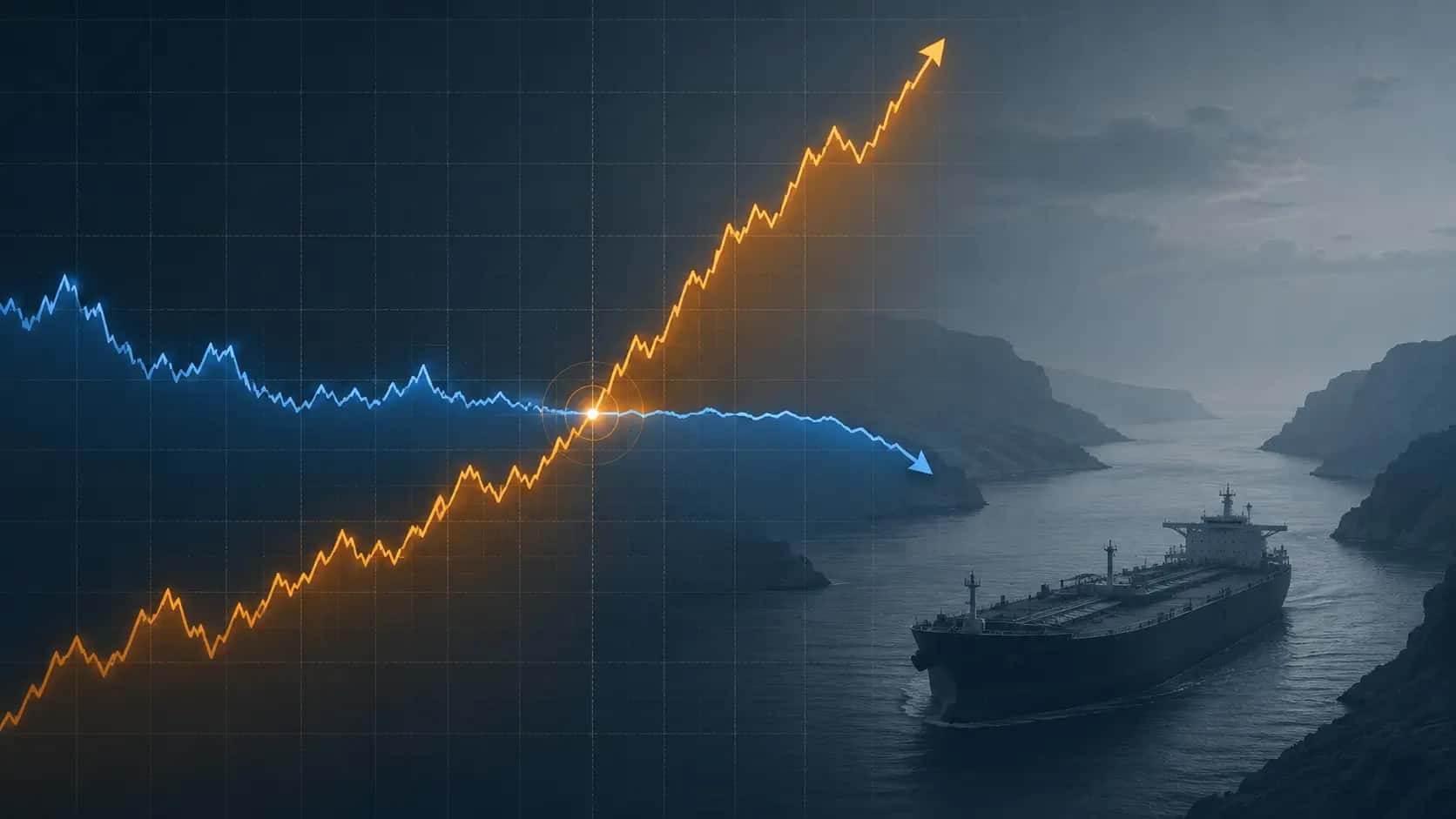 Oil prices rising on a trading screen as the 2026 Iran deal stalls and a tanker waits near the Strait of Hormuz