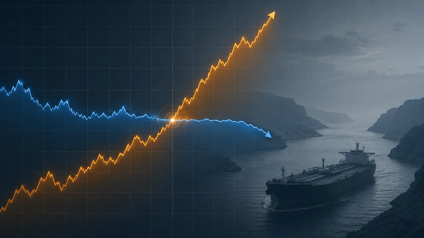 Oil prices rising on a trading screen as the 2026 Iran deal stalls and a tanker waits near the Strait of Hormuz