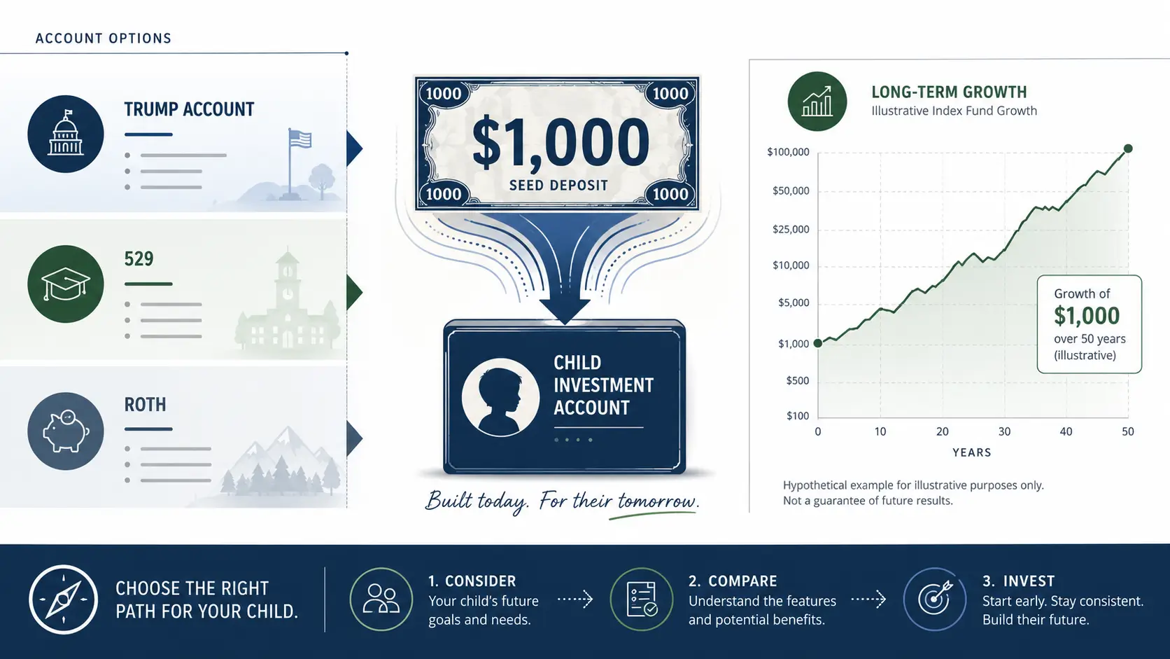 Trump Accounts explained: a $1,000 child investment account concept with a piggy bank and a rising index-fund chart.