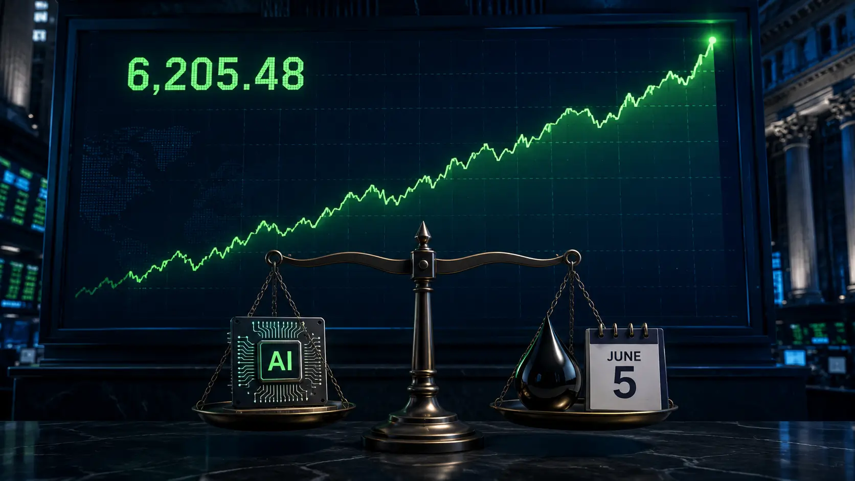 Stock market record high 2026 displayed on a trading floor screen showing the S&P 500 at an all-time peak